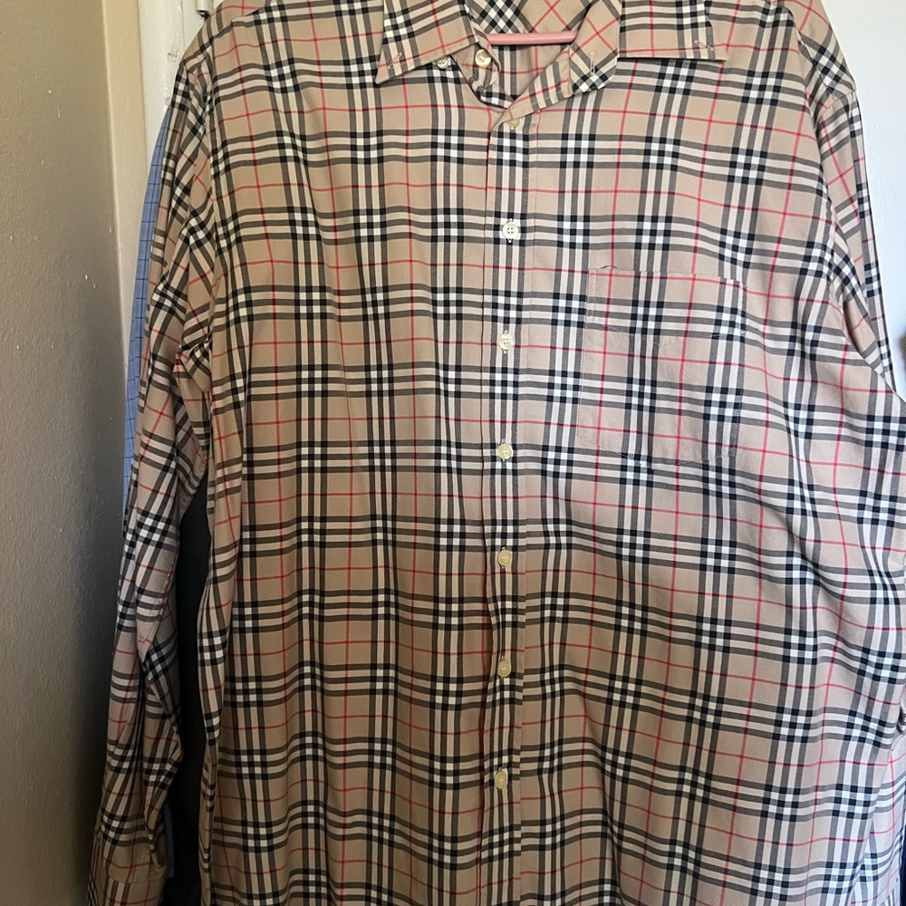 Burberry Beige and Black Checkered Button Down Shirt